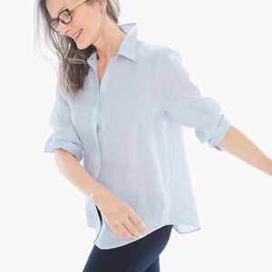 NWT!! Chico’s Sina II Linen Mini Stripe Shirt Blue White Sz L/12